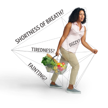 Woman holding a grocery basket struggling to walk while being held back by a list of hypertrophic cardiomyopathy (HCM) symptoms