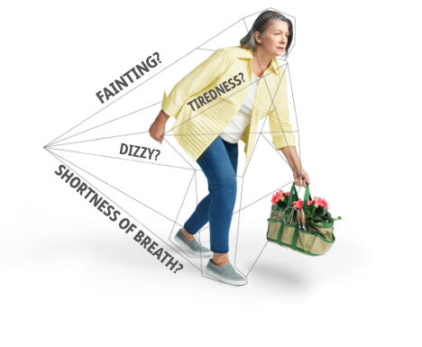 Woman holding a gardening bag struggling to walk while being held back by a list of hypertrophic cardiomyopathy (HCM) symptoms