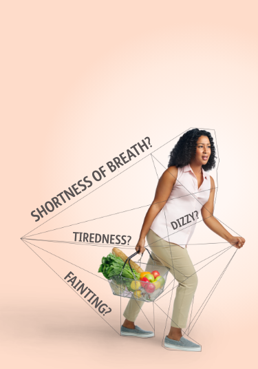Woman holding a grocery basket struggling to walk while being held back by a list of hypertrophic cardiomyopathy (HCM) symptoms